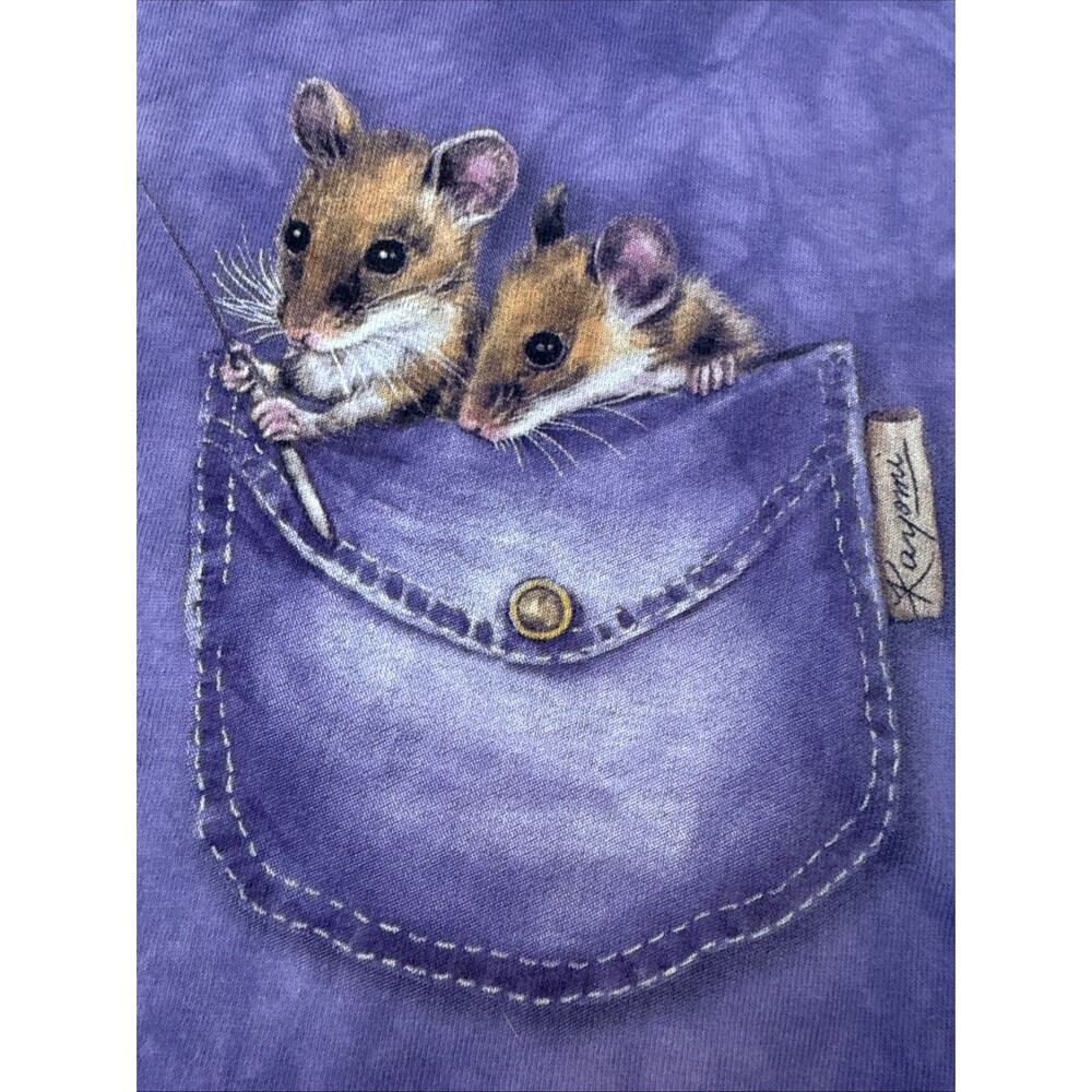 Vintage The Mountain Pocket Mouse w/ Kitten T-Shirt Tie Dye Purple 90s Sz Large - Picture 2 of 16